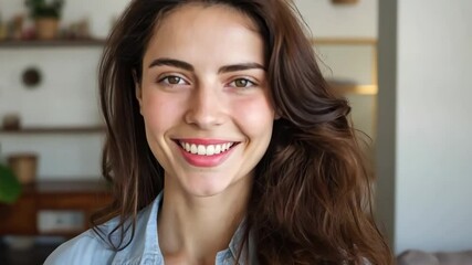 Wall Mural - Cheerful woman in casual outfit smiling at home during daytime