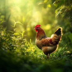 Wall Mural - A beautiful chicken stands gracefully in a lush green environment. The soft lighting highlights its colorful feathers. Ideal for nature lovers and farm enthusiasts. AI