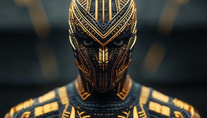 A striking close-up of a futuristic character with intricate gold patterns, showcasing advanced armor design and bold artistry.