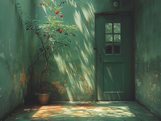 Sticker - Green Doorway With Sunlight and Plant