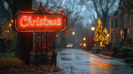 Bright Christmas sign illuminates a charming, rainy street adorned with festive lights and decorations during a cozy holiday evening