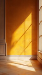 Poster - A corner of a room with a yellow wall, a window, and a tiled floor. The sun shines in through the window, casting shadows on the wall and the floor.