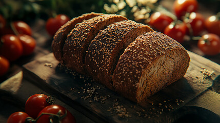 A loaf of bread with sesame seeds on top sits on a wooden cutting board next to 