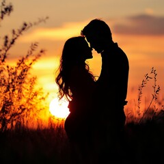 Canvas Print - A couple is standing on a beach holding hands and looking at the sun