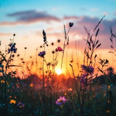 Canvas Print - A field of flowers with a sun in the background