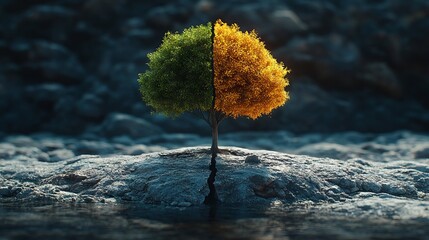 A tree divided into two halves visually represents the stark contrast between healthy, green nature and the harsh, polluted environment due to climate change.