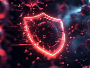 Canvas Print - Virus protection illustrated as a glowing digital shield, deflecting virus attacks and keeping the system safe.