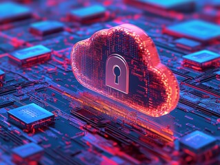 Canvas Print - Cloud security illustrated with a large lock and shield icon, protecting sensitive data being stored in the cloud.