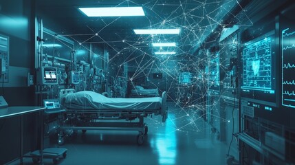 Cybersecurity protecting connected medical devices in a hospital, visualized by secure data flows between devices and patient monitoring systems.