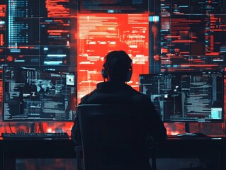 Canvas Print - Hackers exploiting a network, leading to a major data breach, with security alerts and warnings filling the screen.