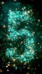 Sparkling Number Five, Celebration Background With Glittering Lights In Magical Turquoise Color