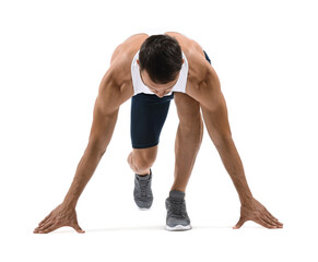 Poster - Sportsman in starting position for run on white background