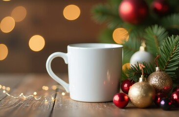 A cozy white mug next to festive ornaments and a Christmas tree in a warm, inviting atmosphere during the holiday season