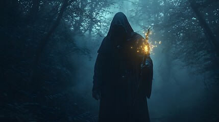 Wall Mural - a mysterious hooded figure holding a glowing staff standing at the edge of a dark forest