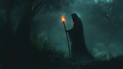 Wall Mural - a mysterious hooded figure holding a glowing staff standing at the edge of a dark forest