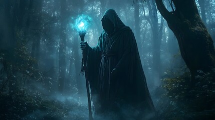 Wall Mural - a mysterious hooded figure holding a glowing staff standing at the edge of a dark forest