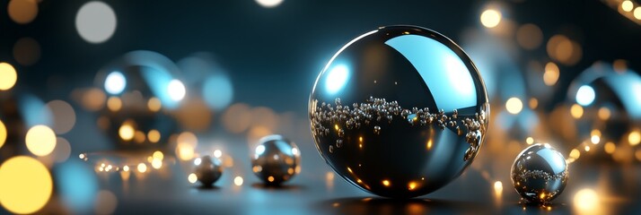 Wall Mural - Abstract composition of shiny metallic spheres with blurred bokeh lights in the background, representing technology, innovation, reflection, and connectivity.