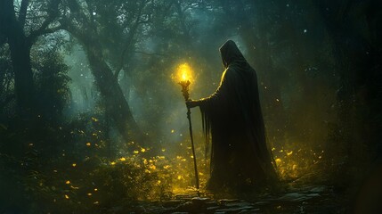 Wall Mural - a mysterious hooded figure holding a glowing staff standing at the edge of a dark forest