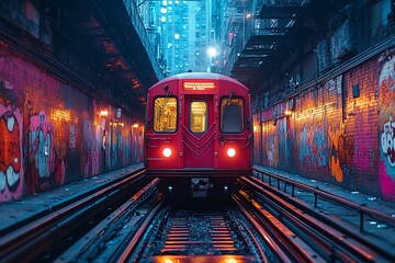 A red subway train emerges from a tunnel lined with graffiti art.