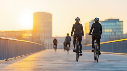 Two cyclists ride on a modern bridge during sunset, surrounded by urban buildings and a beautiful golden sky.