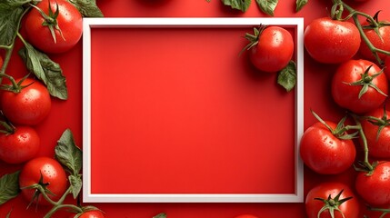 Fresh ripe tomatoes surrounding a white frame on vibrant red background, creating a striking contrast and appetizing visual for food design or menu layout.