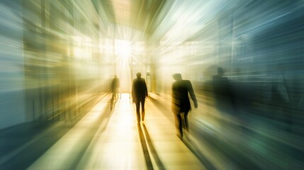 blurred silhouettes of people walking towards bright light, creating a surreal and ethereal atmosphe
