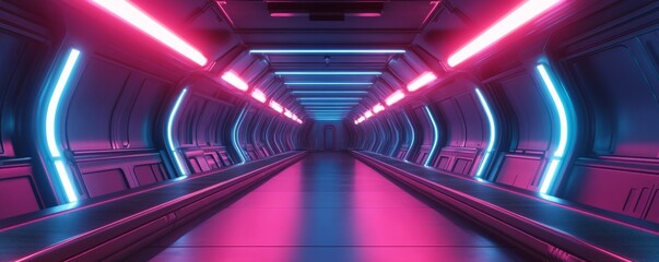 Aufkleber - Futuristic neon corridor with pink and blue lights, symmetrical perspective. Sci-fi interior design concept