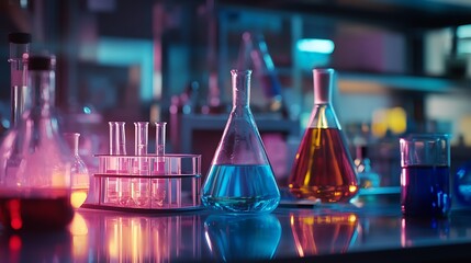 laboratory glassware with colorful liquids under neon lights