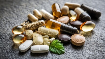 Alternative medicine capsules including vitamin E, omega 3, and herbal leaf medicines on a neutral background