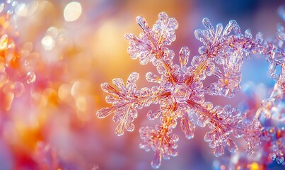 Poster - A close-up of a delicate snowflake, showcasing intricate patterns and sparkling details against a colorful, blurred winter background.
