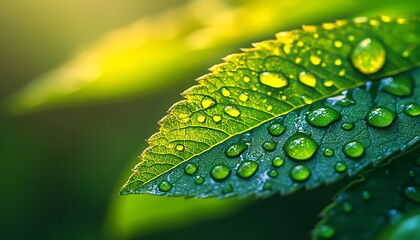 Poster - A close-up of a green leaf adorned with glistening water droplets, capturing the beauty of nature and the freshness after a rain.