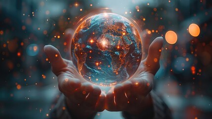 Aufkleber - Close-up of hands holding a holographic globe with digital data streaming around it innovation technology concept.