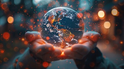 Leinwandbilder - Close-up of hands holding a holographic globe with digital data streaming around it innovation technology concept.