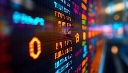Poster - A vibrant display of digital stock market data, featuring numbers and colorful indicators representing market trends and financial performance.