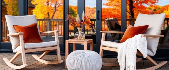 cozy outdoor seating area on a wooden deck, featuring two modern-style rocking chairs with light beige cushions and burnt orange throw pillows.