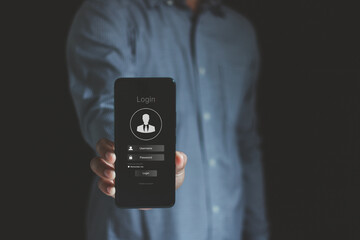 Aufkleber - Cyber security concept. Business people holding smartphone show login interface on mobile phone screen with username password boxes and login button to access personal account in mobile application.