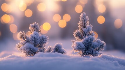 Sticker - Snow-covered pine trees glow softly in a foggy winter landscape with shimmering bokeh lights at twilight