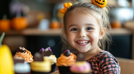 Wall Mural - Adorable young girl beaming with joy at Halloween party, surrounded by festive cupcakes and pumpkin decorations, embodying the spirit of childhood excitement.