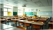 © Sandra - A spacious, well-lit classroom filled with rows of neatly arranged wooden desks, colorful charts on walls, and a