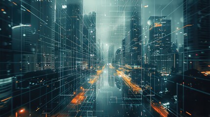 Poster - Abstract technological cityscape full of light and lines of connection.