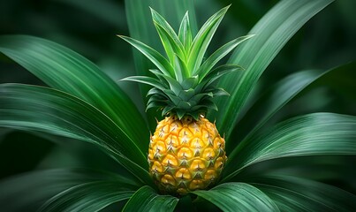 pineapple plant with lush green leaves and a ripe, juicy fruit in the center, Generative AI