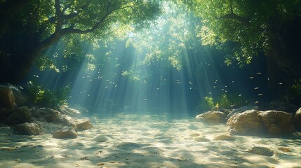 Wall Mural - Sunlight beams through lush foliage above a clear, shallow stream bed.