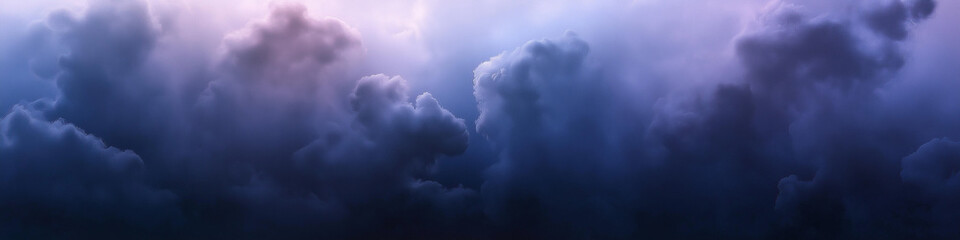 Generative ai. Dark stormy sky, dramatic clouds, purple and blue hues, panoramic view, ethereal atmosphere, moody landscape, celestial, cosmic, twilight, turbulent weather, foreboding, mystical