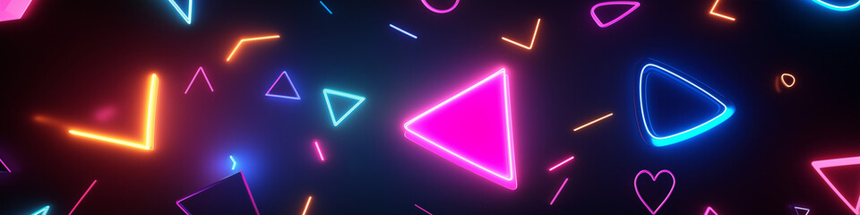 Generative ai. neon geometric shapes, vibrant triangles, glowing hearts, dark background, futuristic style, colorful neon lights, modern digital art, abstract design, high contrast lighting
