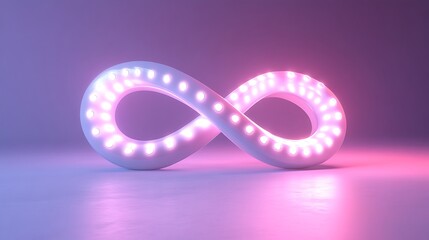 A glowing white infinity symbol with pink lights on a purple and pink background.