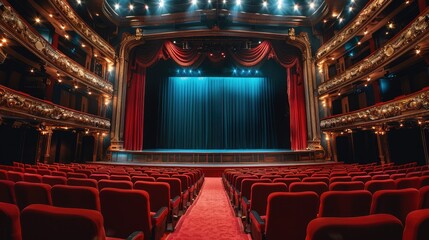 Aufkleber - A luxurious theater auditorium viewed from behind with seats at a higher elevation in the back and lower closer to the stage. The stage is a blank black screen with red curtain pulled back.