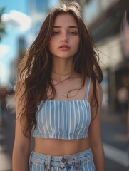 Poster - A cool girl, wear blue and white striped top, city background.