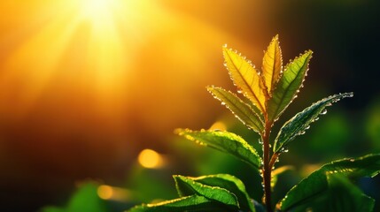 Wall Mural - Close-up of green leaves illuminated by sunlight, showcasing nature's beauty.