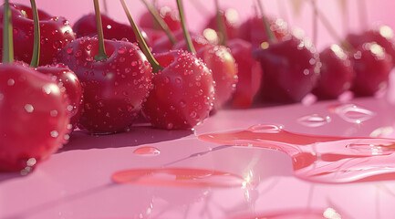 Canvas Print - The ground has a mound of shiny cherries, on a pink aesthetic background, the edge of a cherry plant with shiny cherries hanging, these cherries have oil dripping from them.