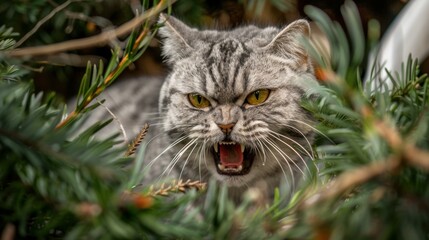 Wall Mural - An angry cat with a fierce expression, snarling behind some greenery. AI.